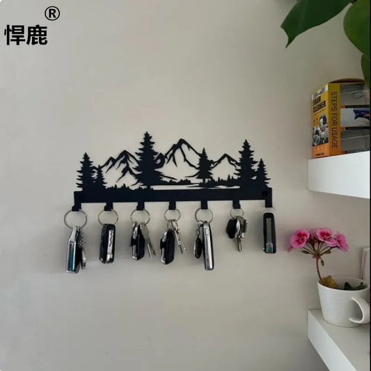 Hermoso soporte para llaves de metal con forma de bosque de montaña, ganchos de pared, organizador, puerta, entrada, pasillo, cocina, decoración de pared, gancho