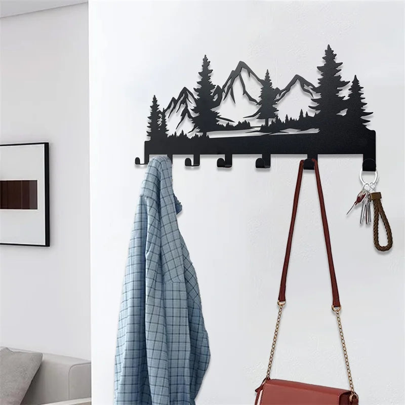 Hermoso soporte para llaves de metal con forma de bosque de montaña, ganchos de pared, organizador, puerta, entrada, pasillo, cocina, decoración de pared, gancho