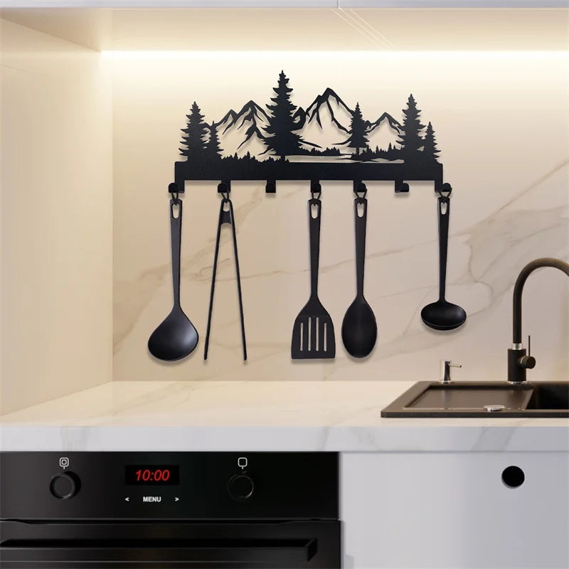 Hermoso soporte para llaves de metal con forma de bosque de montaña, ganchos de pared, organizador, puerta, entrada, pasillo, cocina, decoración de pared, gancho