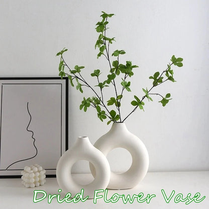 Florero decorativo de imitación de cerámica blanca pura, adorno de arreglo de flores de una sola rama, diseño de Donut, decoración de mesa para maceta