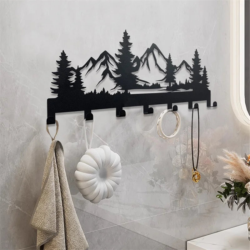 Hermoso soporte para llaves de metal con forma de bosque de montaña, ganchos de pared, organizador, puerta, entrada, pasillo, cocina, decoración de pared, gancho