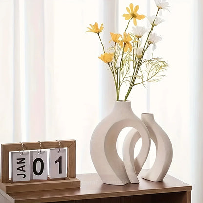 Juego de 2 jarrones de cerámica para decoración moderna del hogar, jarrones de flores huecas bohemias modernas para sala de estar, estantería