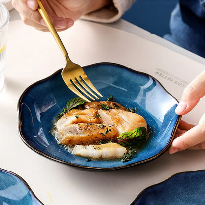 Juego de cena seguro de usar, cuencos y platos de porcelana fina y brillante del norte de Europa, cuenco de sopa de fideos Lamian con esmalte de horno azul